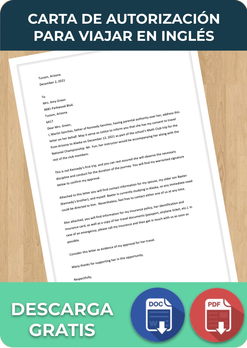 foto de Carta de Autorización para Viajar en Inglés