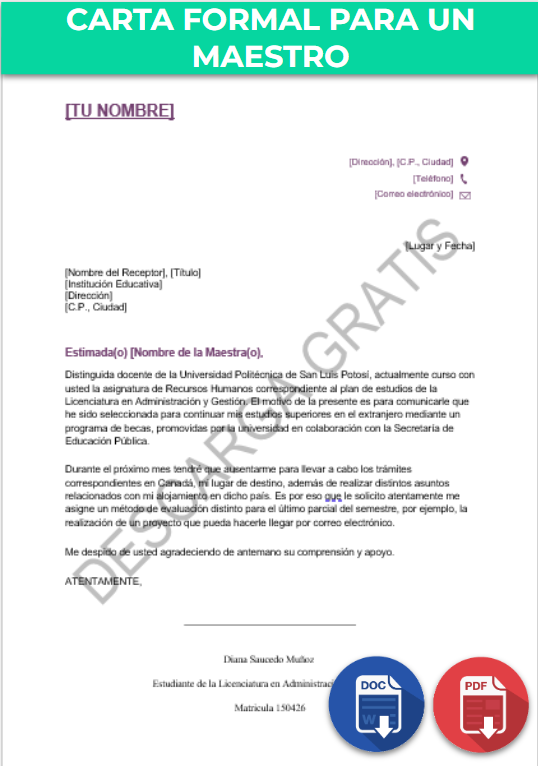 imagen de Formato de carta formal para un profesor en PDF