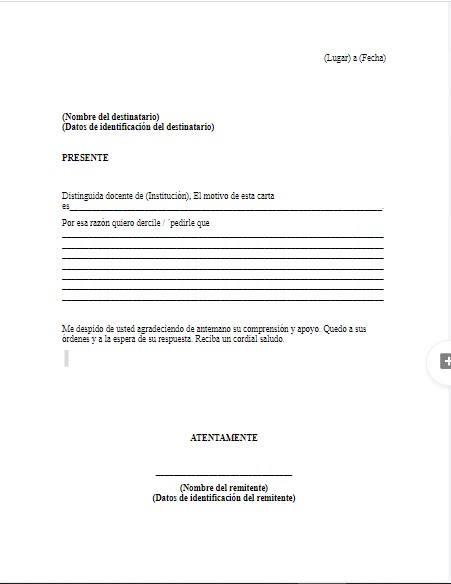 Formato de carta formal para un profesor en PDF