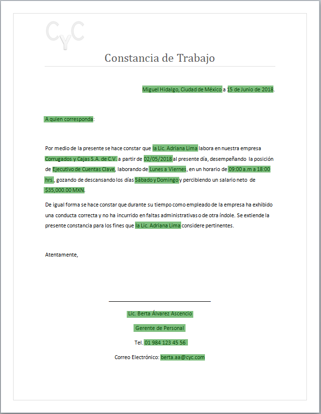 Constancia de trabajo o Carta laboral: Ejemplo, Formato Word