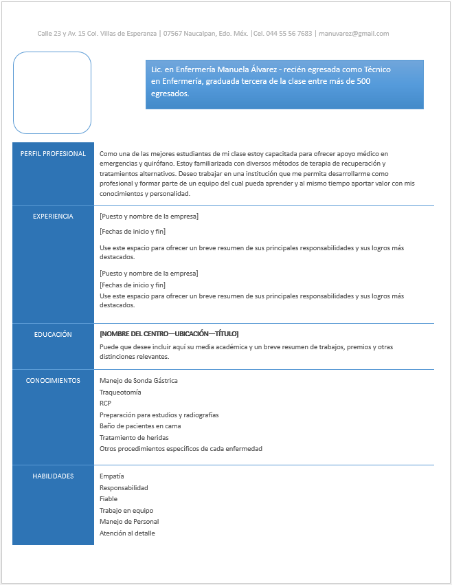 Curriculum Vitae de Enfermería > Ejemplos, Formatos y 