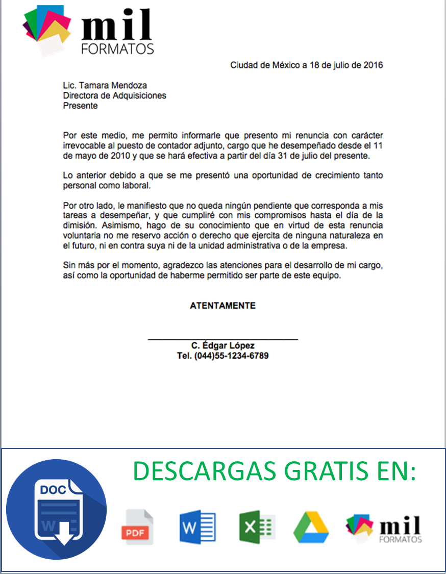 Carta de Renuncia Laboral Voluntaria Formato y Ejemplo