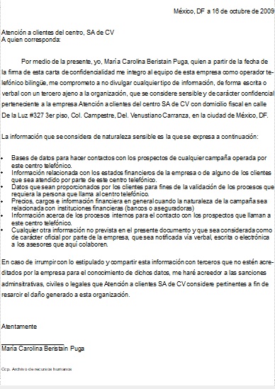 Ejemplo Carta de Confidencialidad