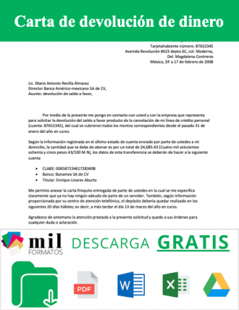 Carta de devolución de dinero  Milformatos.com