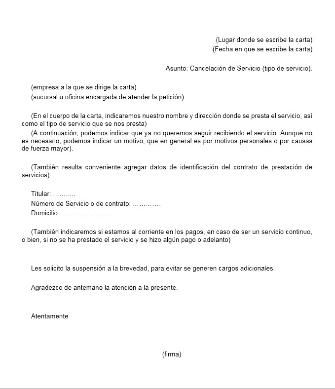 Carta de Cancelación de Servicio > Formatos y Ejemplos 