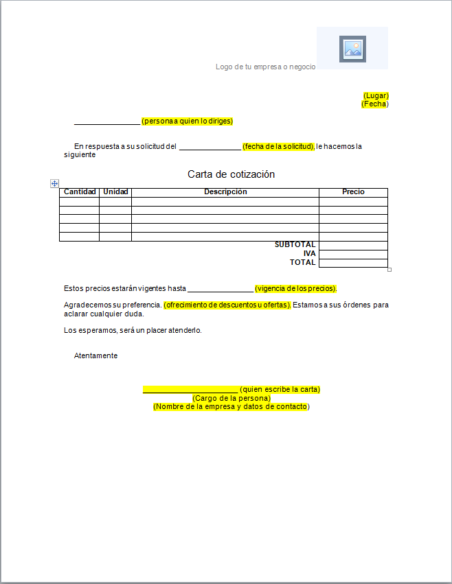 Carta de Cotización > Formatos y Ejemplos  Word para Imprimir