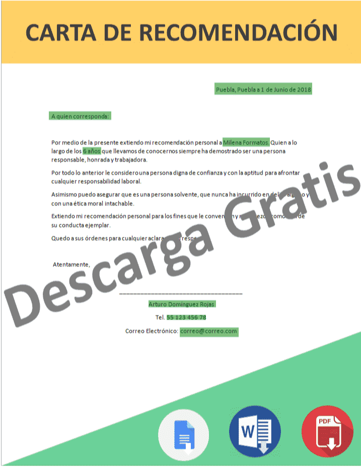 Carta de recomendación personal » Formato Word, PDF