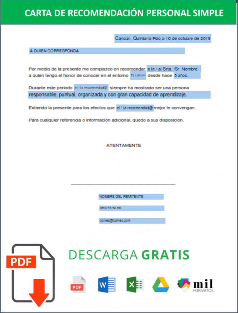 Carta De Recomendacion Personal Ejemplos Formato Word Pdf Gratis