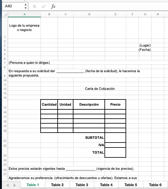 Formato de carta de cotización en Excel