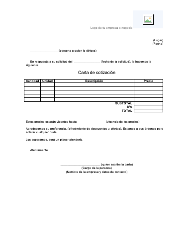 Formato de carta de cotización en PDF