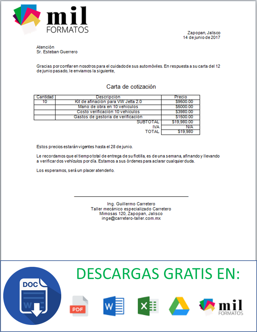 Carta De Cotización Ejemplos Y Formatos Word Pdf