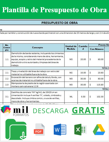 Presupuesto De Obra Ejemplos Y Formatos Excel Word Y Pdfs Descarga Gratis