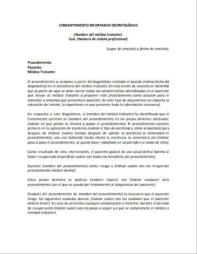 Carta de Consentimiento Informado Odontología Ejemplos y Formatos Word, PDF