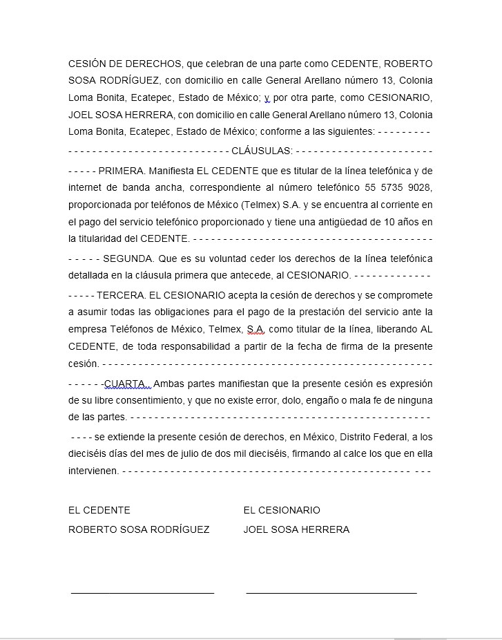 Ejemplo de carta de cesión de derechos Telmex 