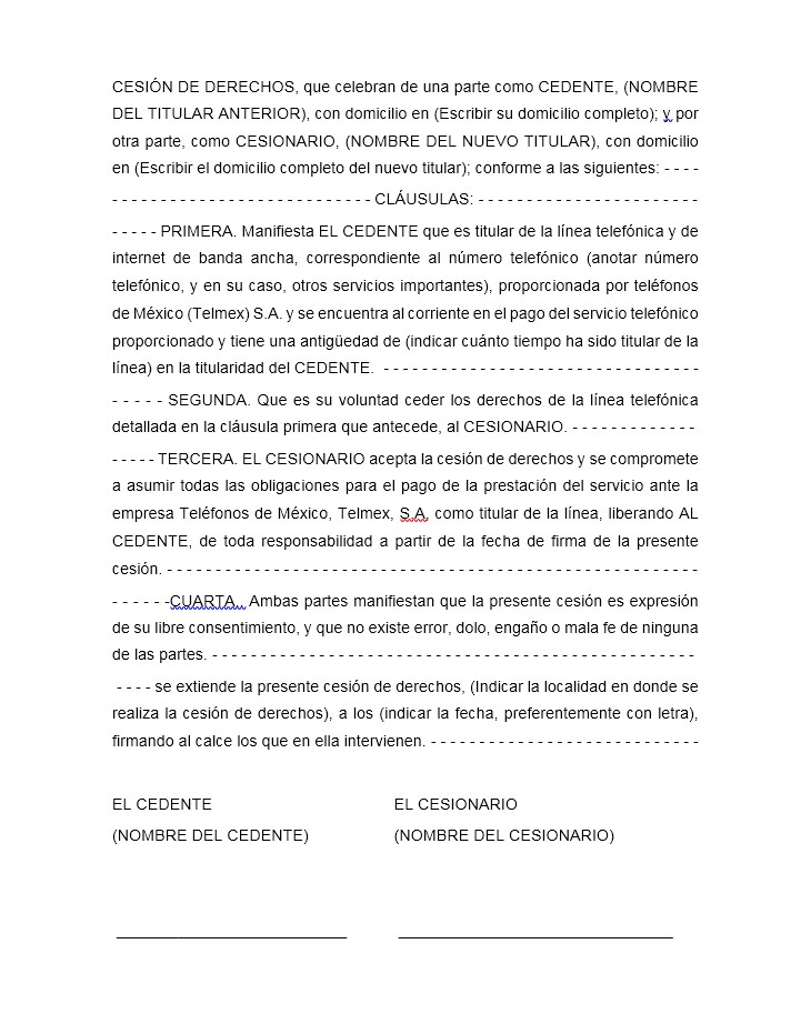 Formato de carta de cesión de derechos Telmex 