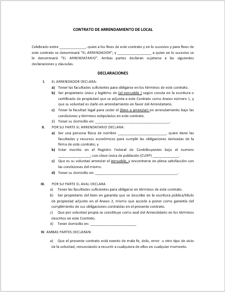 Contrato De Arrendamiento De Local Ejemplos Formatos Word Imprimir