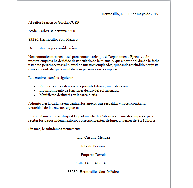 Ejemplo De Una Carta De Despido - Ejemplo Sencillo