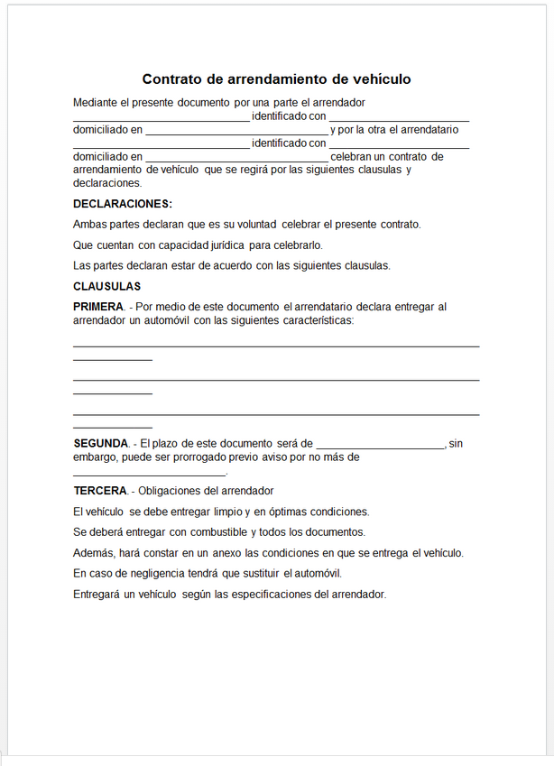 Contrato de Arrendamiento de Vehículo 【 Ejemplos y Formatos 】Word, PDF