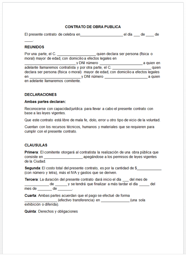 Contrato de obra publica 【 Ejemplos y Formatos 】Word, PDF