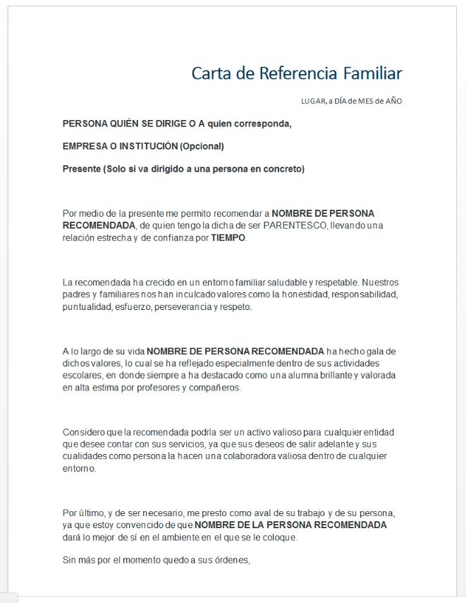 Ejemplo De Carta De Recomendacion Familiar Word - Modelo 