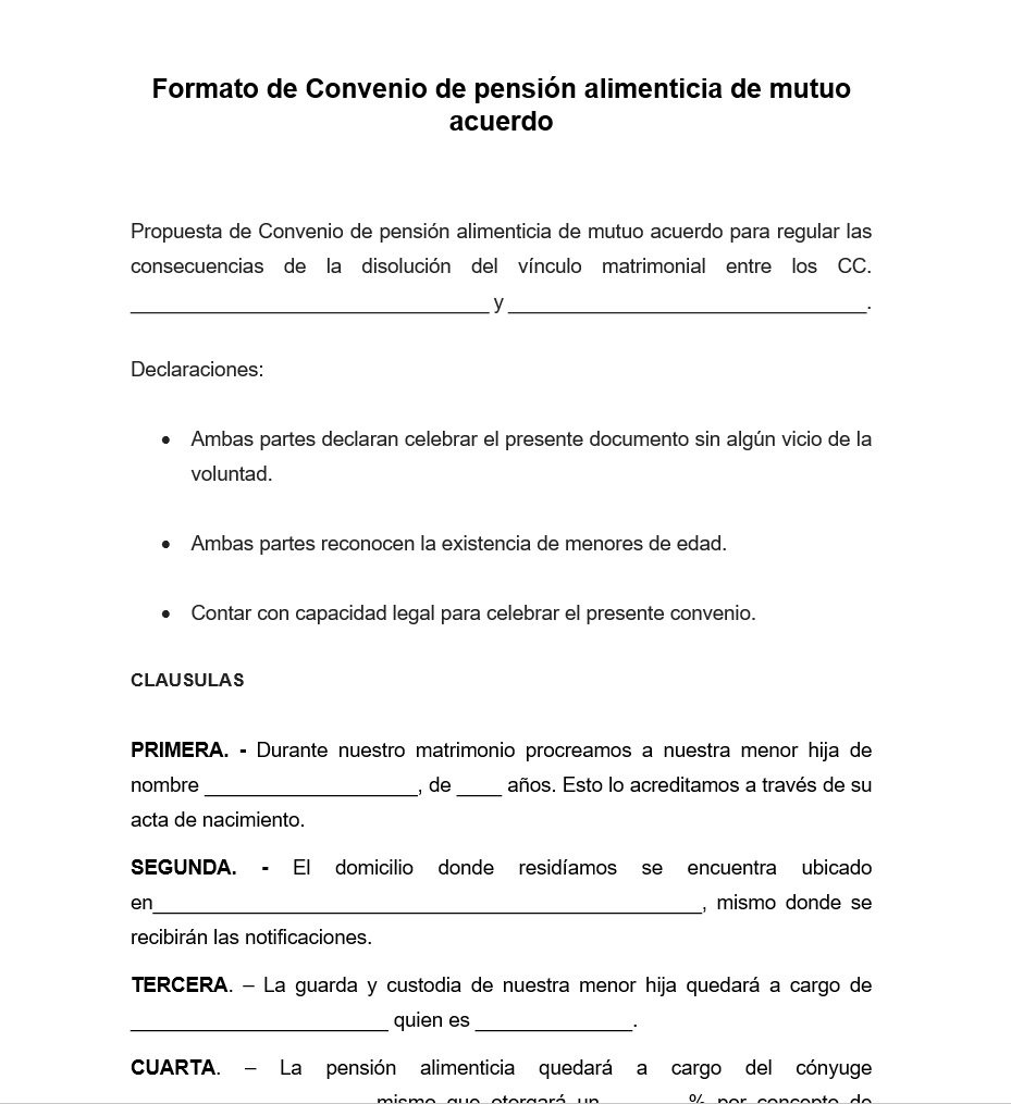 Formato de Convenio de pensión alimenticia de mutuo acuerdo