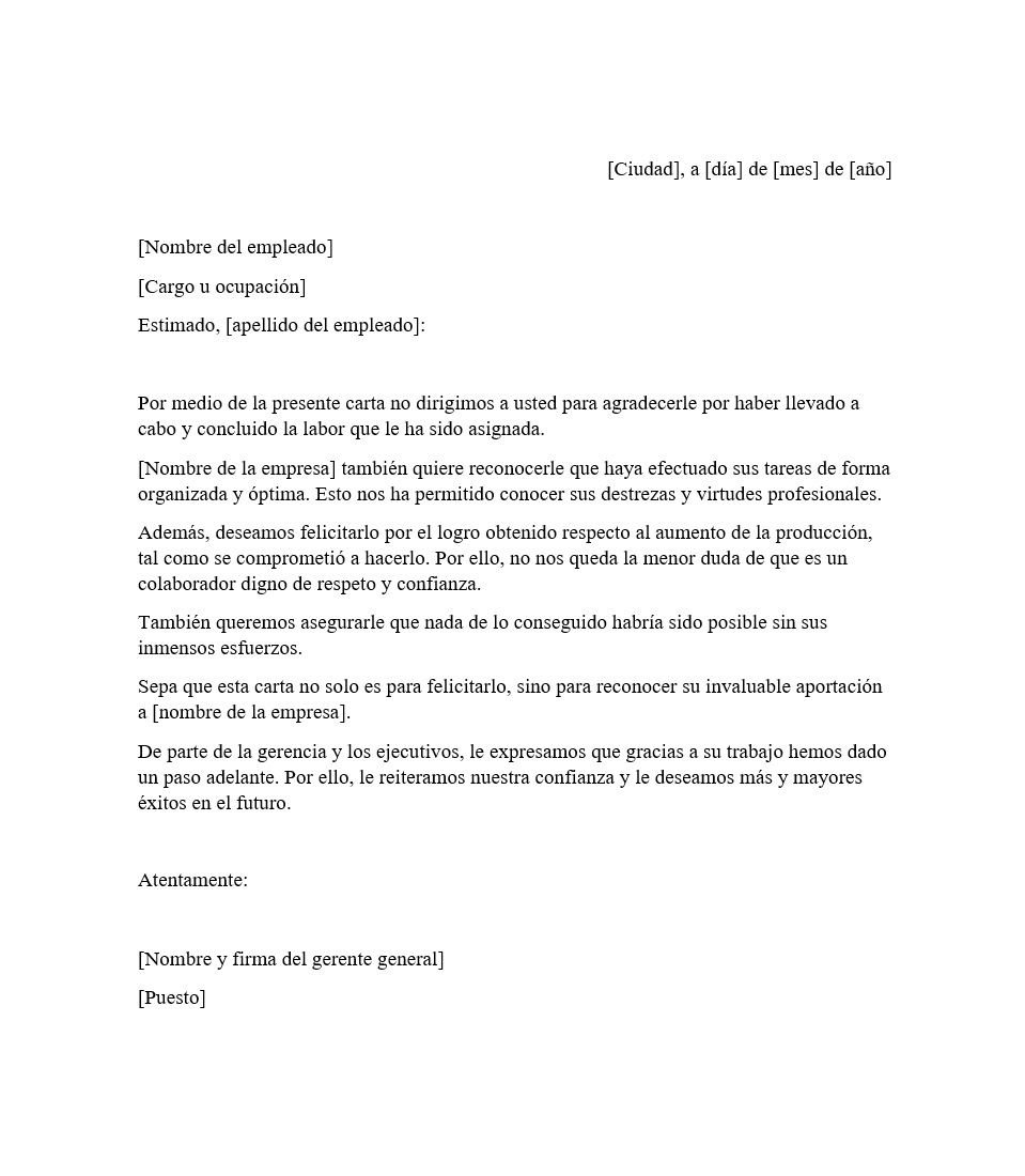 Carta de felicitaciones por logros obtenidos para empleado