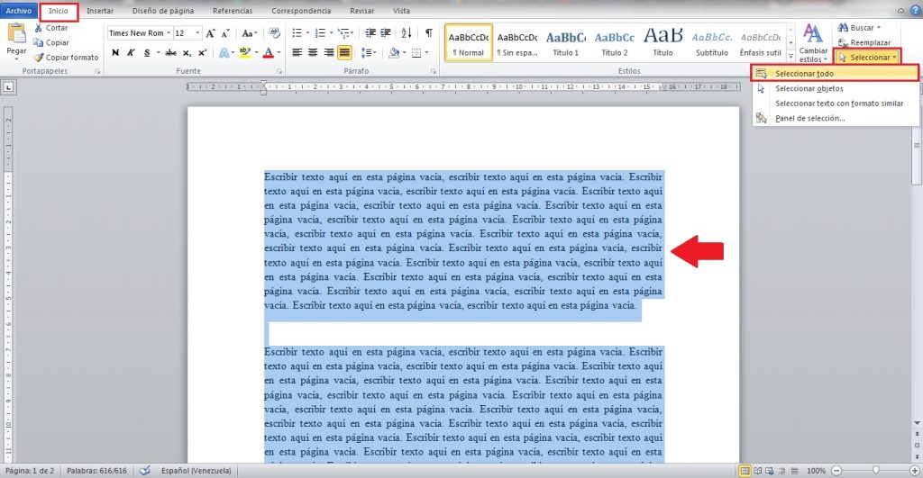 como seleccionar todo en word
