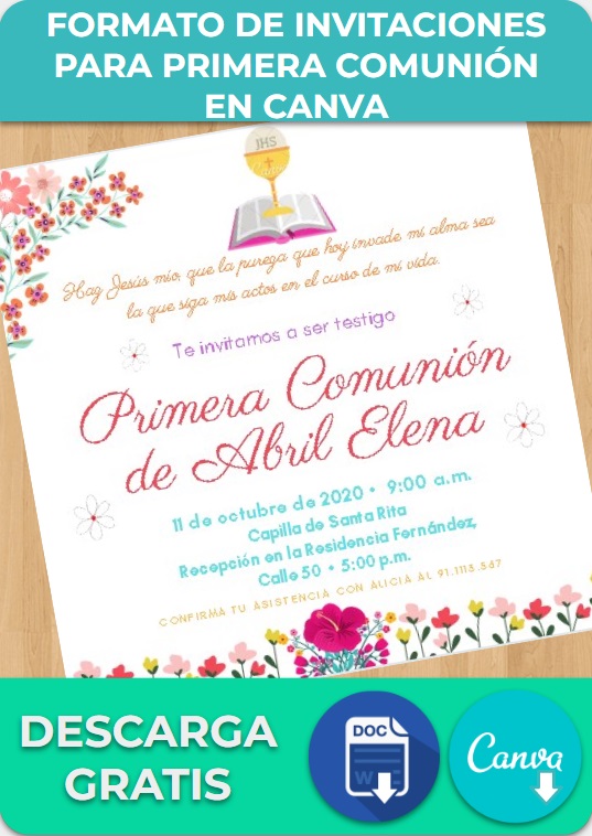 Formato de invitación para primera comunión en Canva
