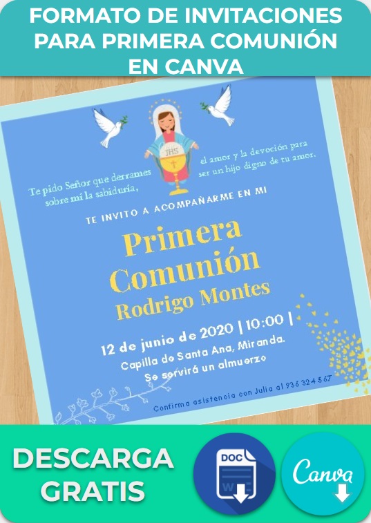 Plantilla de invitaciones para primera comunión en Canva