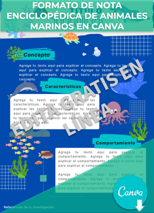 Formato de Nota enciclopédica de animales marinos en Canva
