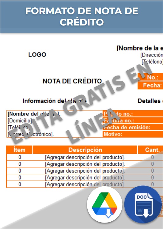 Formato de Nota de crédito en Excel en línea