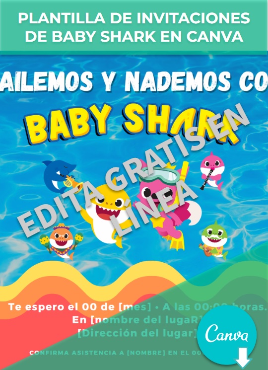 Plantilla de invitaciones de Baby Shark en Canva