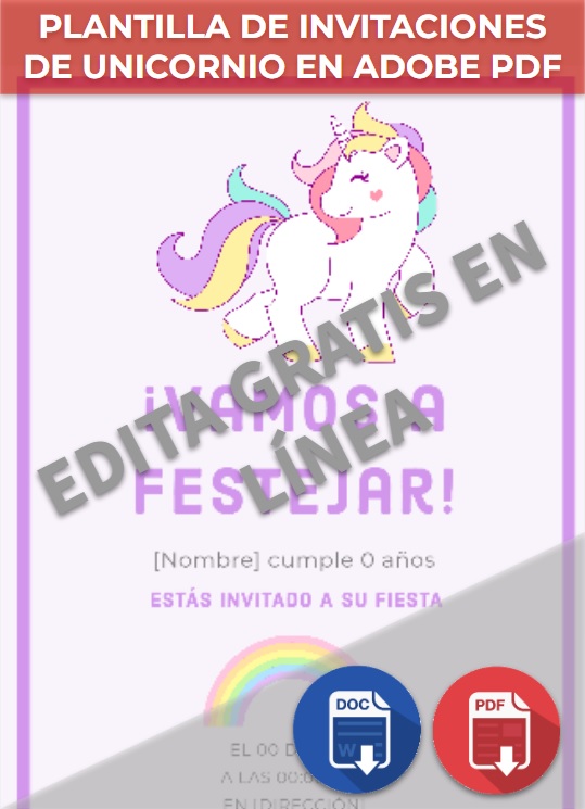 imagen de Plantilla de invitaciones de unicornio en Adobe PDF