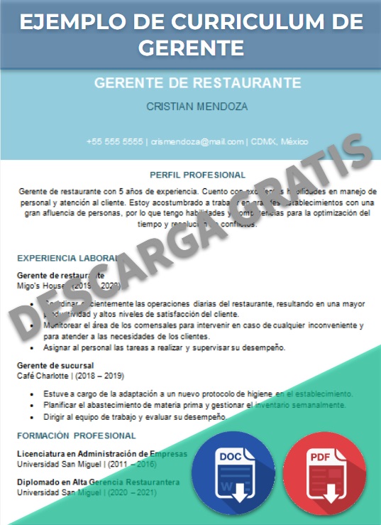 imagen de Ejemplo de Curriculum de gerente en Word