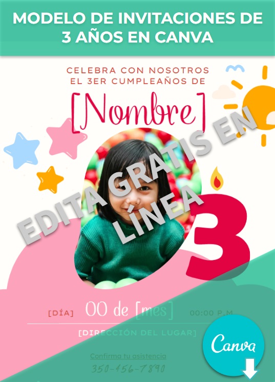 imagen de Modelo de invitaciones 3 años en Canva