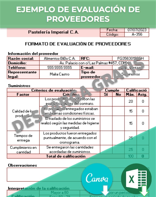 imagen de Ejemplo de formato evaluación de proveedores